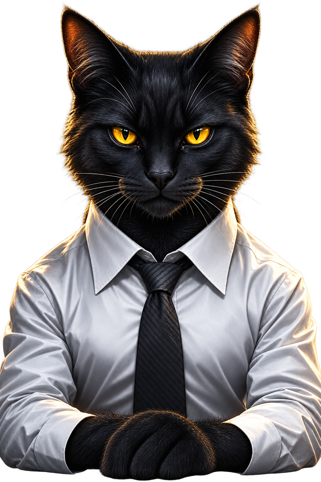 Black cat in a white shirt staring forward